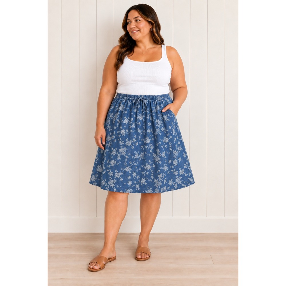 Vintage Mainstreet Blues Skirt Womens 12 Blue Floral Denim A-Line Knee Length